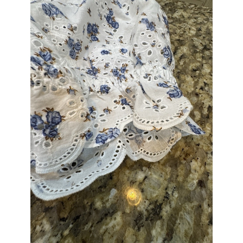 NWT Anthropologie Puff-Sleeve Eyelet Top Cotton Ivory Blue Floral Size Large - Picture 9 of 13